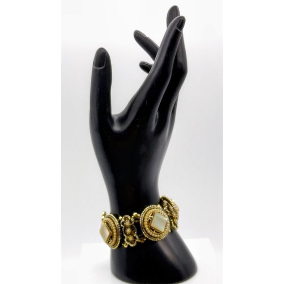 Mother of Pearl Medallion Link Bracelet, MCM Statement Bangle with Faux Seed Pea - Picture 1 of 8